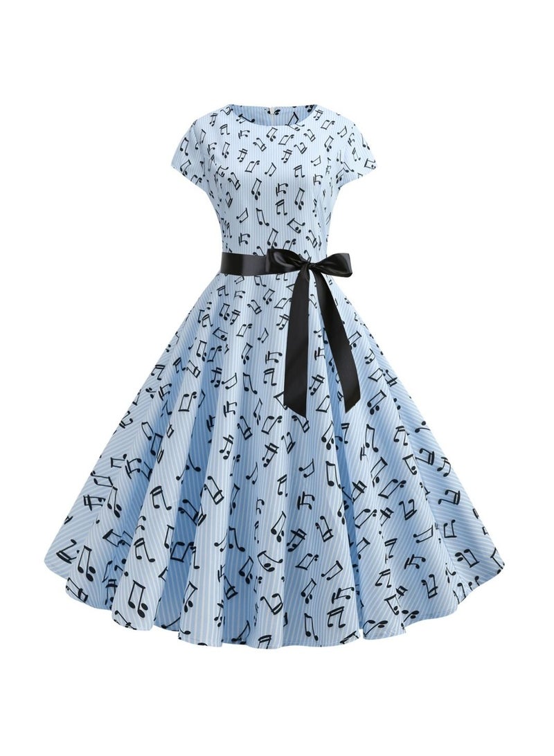 Loquat Round neck sleeve wrapped note printed black ribbon large swing dress retro Sky Blue  - Image 1