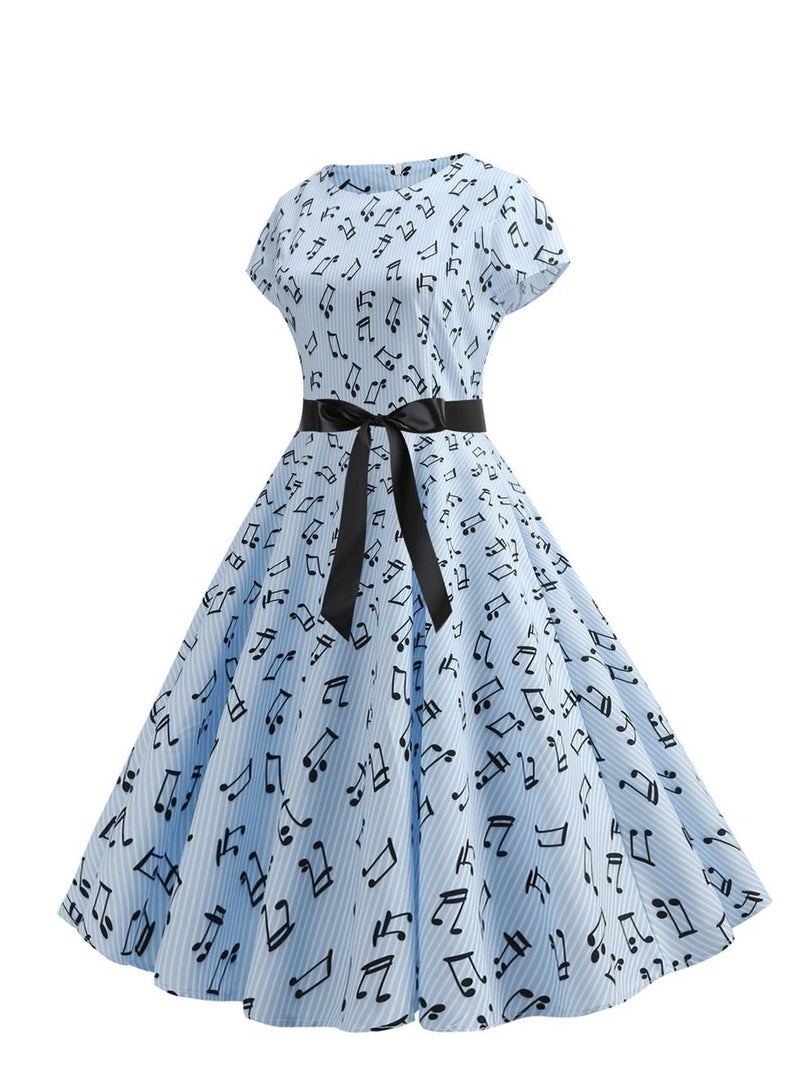 Loquat Round neck sleeve wrapped note printed black ribbon large swing dress retro Sky Blue  - Image 2