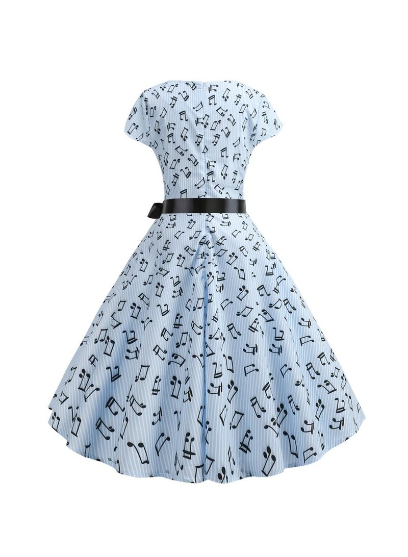 Loquat Round neck sleeve wrapped note printed black ribbon large swing dress retro Sky Blue  - Image 3