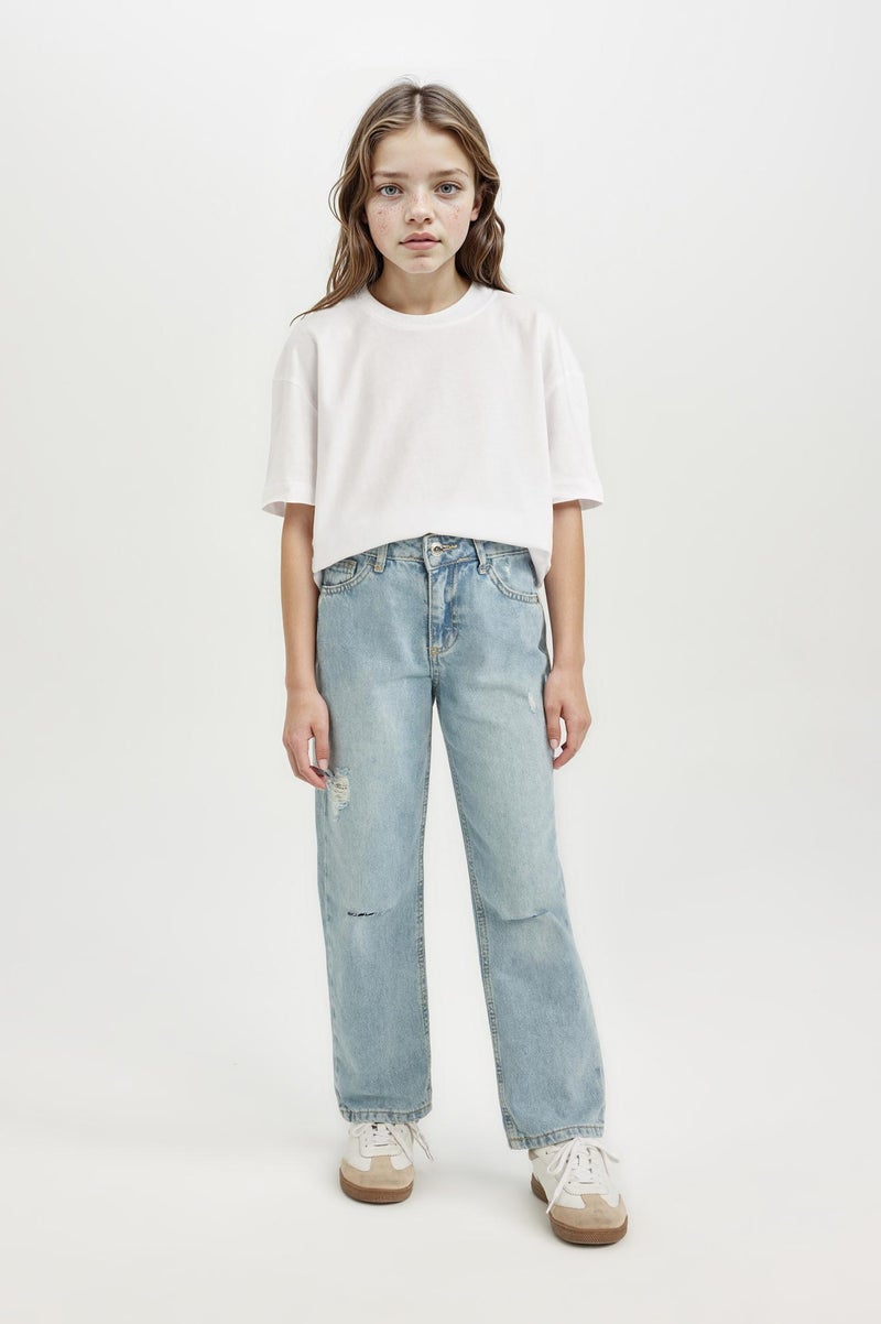 ديفاكتو بنطلون جينز بناتي قصة مستقيمة وتفاصيل ممزقة - Image 2