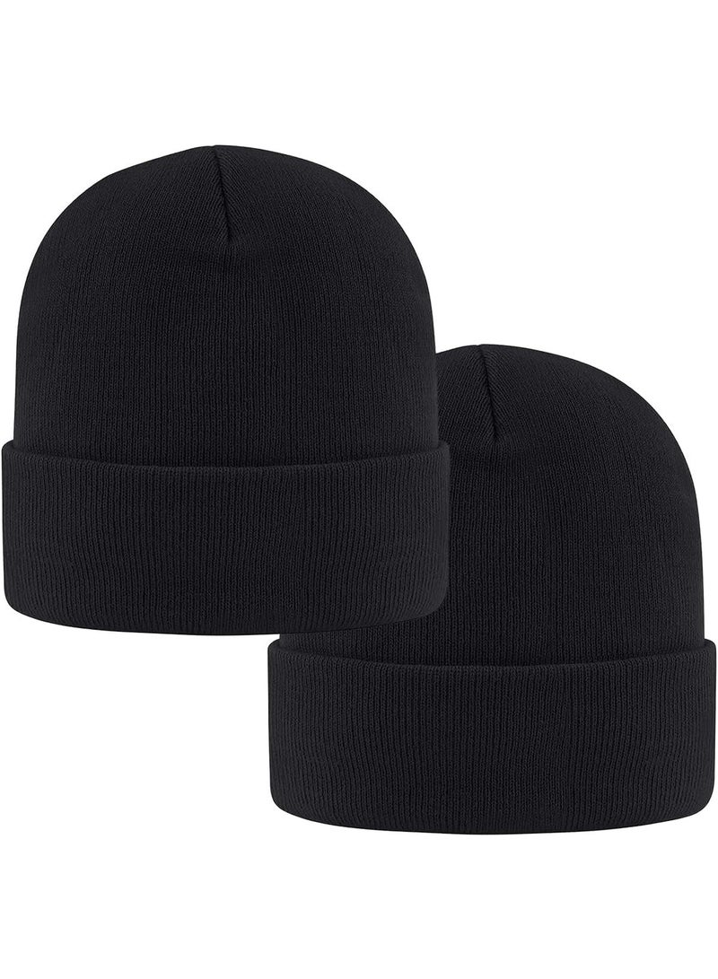 2-Pack Beanie for Men & Women - Cuffed Knit Winter Hats, Warm Slouchy Skull Cap Beanies, Black - Image 1
