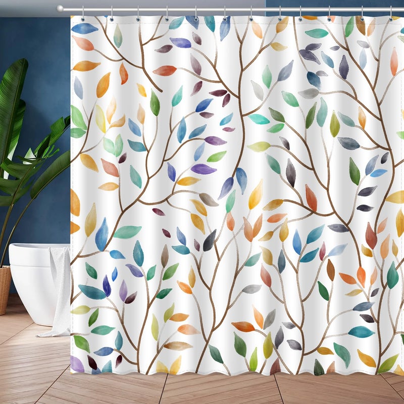 JWXCBIM Boho Leaf Floral Shower Curtain, Spring Summer Modern Colorful Botanical Leaves Bohemian Fabric Shower Curtain Set with 12 Hooks, Bathroom Accessories Decor Cloth Curtain 72x72 Inches - Image 1