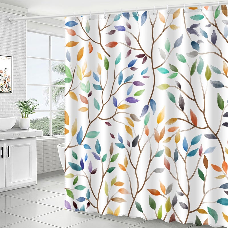 JWXCBIM Boho Leaf Floral Shower Curtain, Spring Summer Modern Colorful Botanical Leaves Bohemian Fabric Shower Curtain Set with 12 Hooks, Bathroom Accessories Decor Cloth Curtain 72x72 Inches - Image 2