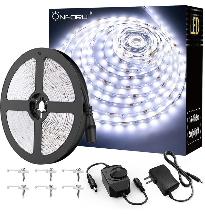 Onforu LED Light Strip164ft Dimmable LED Tape Light 6000K Daylight White Strip Lighting 300 LEDs Flexible Vanity Mirror Light 5M 12V Ribbon Rope Light for Bedroom Under CabinetKitchenChristams