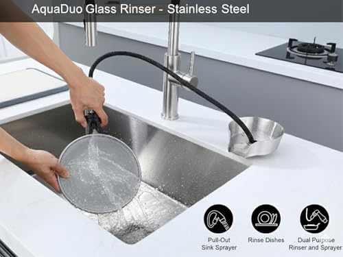 AquatiQ AquaDuo Glass Rinser and Kitchen Sink Sprayer Combo, Stainless Steel Cup Washer, Cup Cleaner, Bottle Washer, Bar Sink Attachment, Pull out Sprayer, Brushed Nickel - Image 5