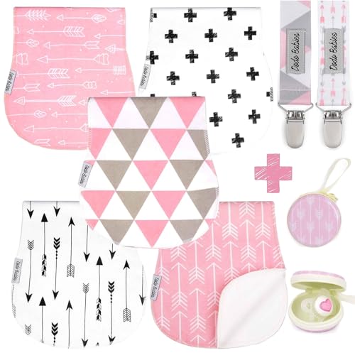 Dodo Babies Burp Cloths for Babies - Soft Cotton Front & Fleece Back - Contoured Fit for Newborn Essentials - Pack of 5, 2 Pacifier Clips, Pacifier Case, 19 x 9 in - Image 1