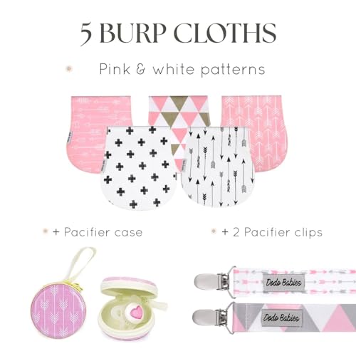 Dodo Babies Burp Cloths for Babies - Soft Cotton Front & Fleece Back - Contoured Fit for Newborn Essentials - Pack of 5, 2 Pacifier Clips, Pacifier Case, 19 x 9 in - Image 2