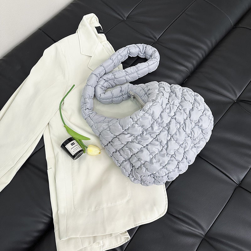 Korean Pleated Cloud Puffer Tote Crossbody Bag white gray