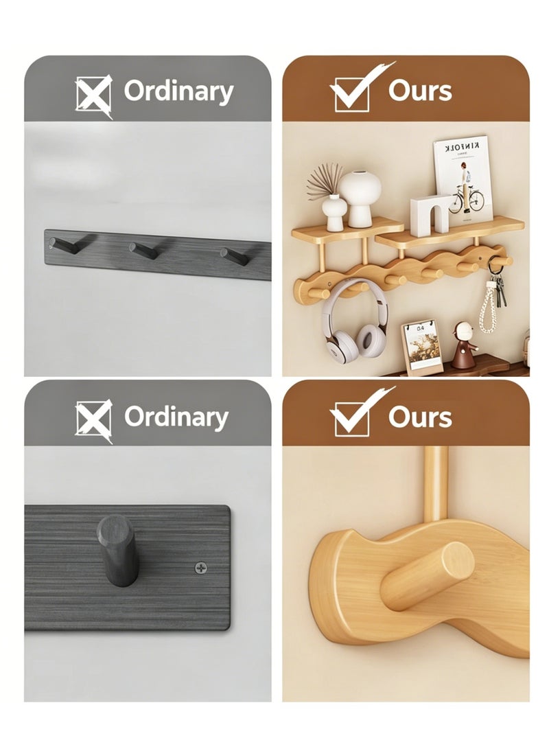 Dark Brown Wall-Mounted Shelf with 6 Hooks, No-Drill Wave Layer Board Clothes Rack - Image 4