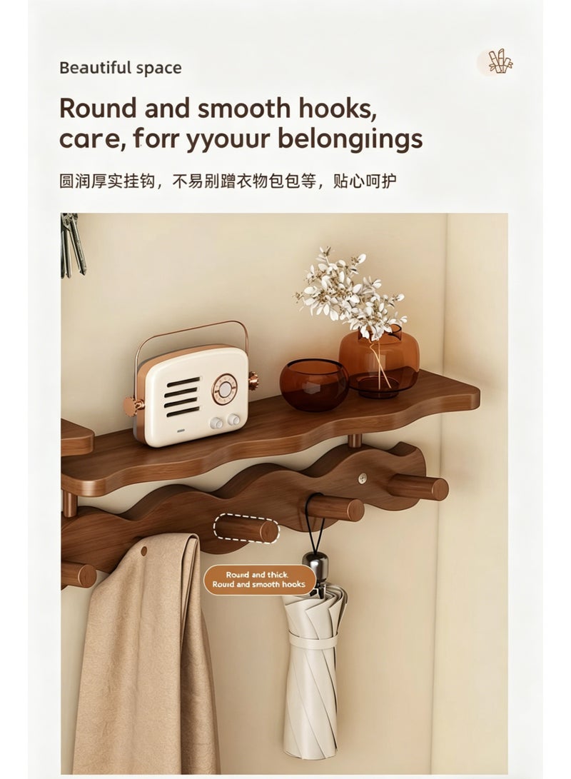 Dark Brown Wall-Mounted Shelf with 6 Hooks, No-Drill Wave Layer Board Clothes Rack - Image 3