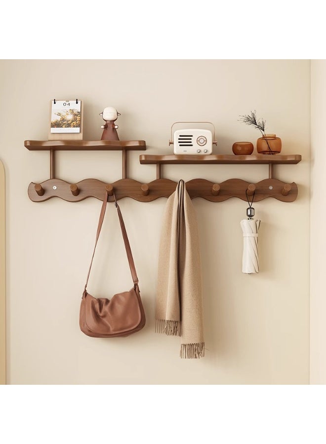 Dark Brown Wall-Mounted Shelf with 6 Hooks, No-Drill Wave Layer Board Clothes Rack - Image 1