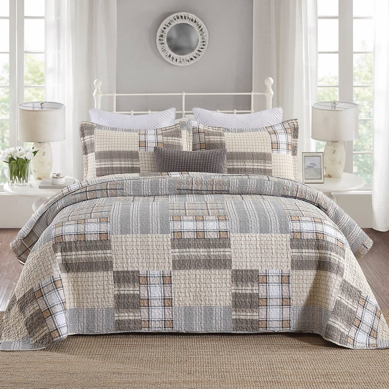 DUOHONG Quilts King Size - King Quilt Bedspread Sets, 100% Cotton Patchwork Quilt Bedding Set for King Bed, 3 Pieces Plaid Farmhouse Reversible Rustic Lightweight Quilted Quilt Bed Spread - Image 1
