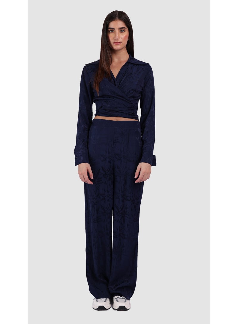 KYVELi Women’s Two-Piece Printed Set – Wrap-Style Long Sleeve Top & Wide-Leg Pants – Navy Blue - Image 2