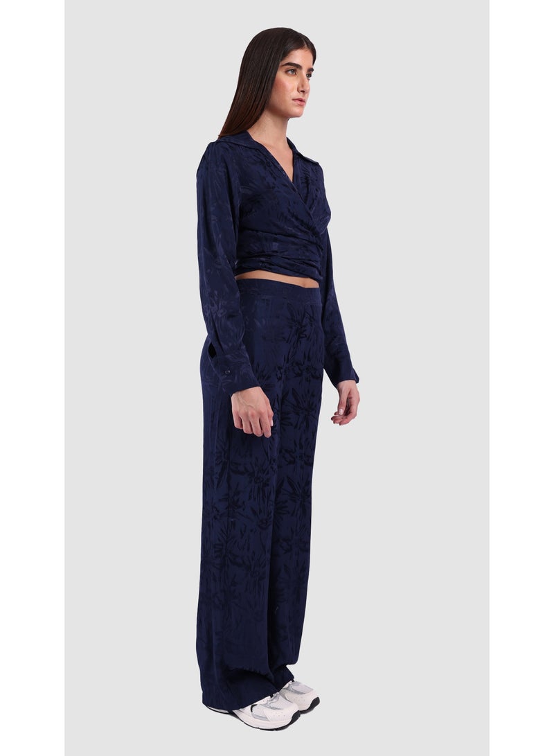 KYVELi Women’s Two-Piece Printed Set – Wrap-Style Long Sleeve Top & Wide-Leg Pants – Navy Blue - Image 3