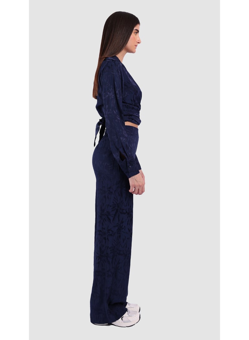KYVELi Women’s Two-Piece Printed Set – Wrap-Style Long Sleeve Top & Wide-Leg Pants – Navy Blue - Image 4