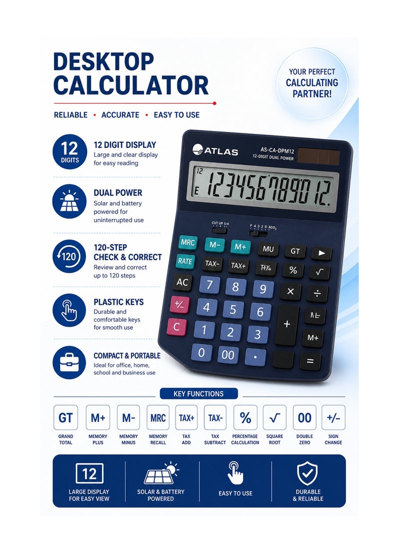 ATLAS Desktop Calculator With 12 Digit Display And Plastic Cover - Image 2
