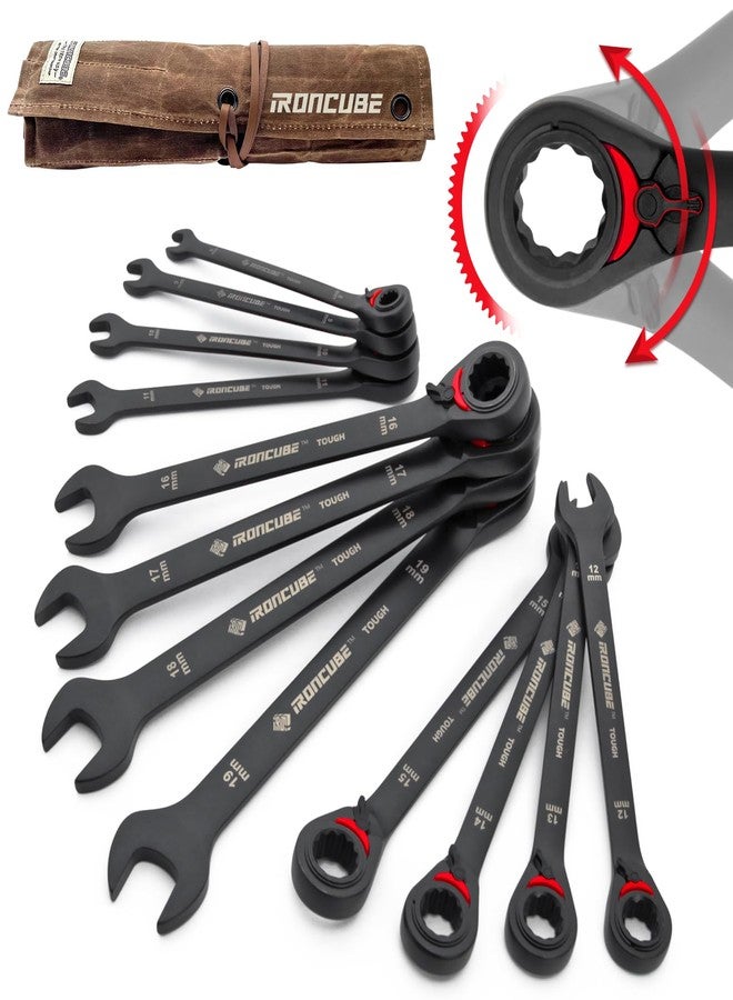 ironcube Reversible ratcheting Wrench Set, 12-Piece Metric 8-19mm, Tough Black, with Wax Canvas Storage Bag, Racing Motorcycle Maintenance Toolkit for Backup Teams - Image 1