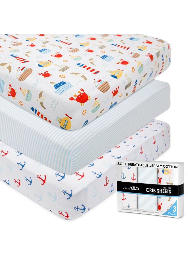 GrowWILD Fitted Crib Sheets | 3 Pack Soft Stretchy Jersey Cotton Fitted Crib Sheet | Breathable Baby Crib Sheets with Adorable Nautical Design - Image 1