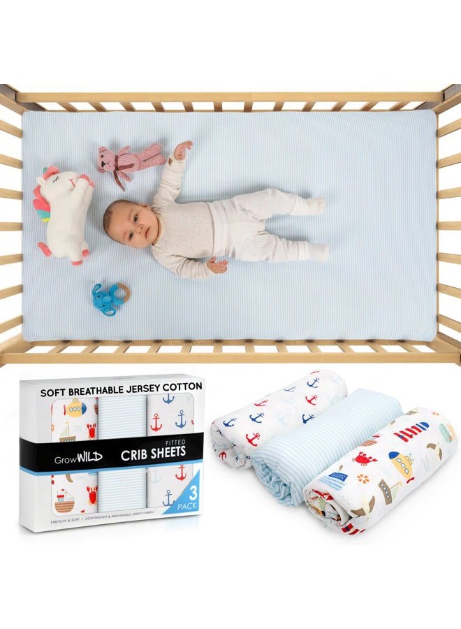 GrowWILD Fitted Crib Sheets | 3 Pack Soft Stretchy Jersey Cotton Fitted Crib Sheet | Breathable Baby Crib Sheets with Adorable Nautical Design - Image 2