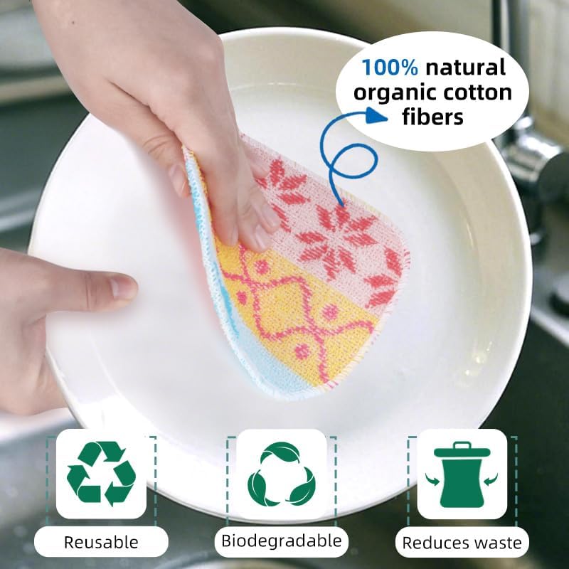Amarelle GEN II Dish Washing Scrubbers (5-Pack), Made in Green Kitchen Scrubbers for Dishes, Non Scratch Pot & Pan Scrubber, Dual-Sided Heavy-Duty Scouring Pads, Reusable (Nordic Folk) - Image 4