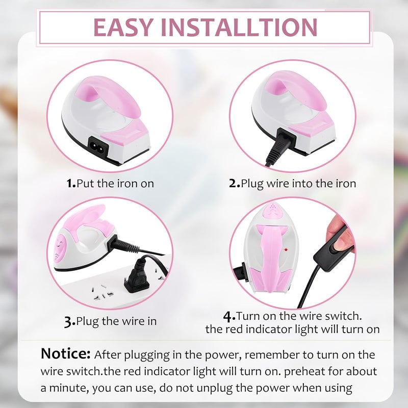Honoson Mini Craft Iron Mini Heat Press Small Iron Portable Handy Tiny Flatiron with Charging Base Accessories for Fuse Beads Patch DIY T-shirts heat Transfer Vinyl Projects(Light Pink,White) - Image 3