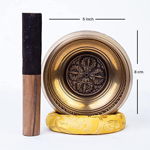 HIMALAYAN BAZAAR Large Tibetan Singing bowl Set - Bronze Style - Easy To Play - 5" Sound Yoga Bowl Mantra Design Mindfulness Meditation Healing Sound Gift By Himalayan Bazaar - Image 2
