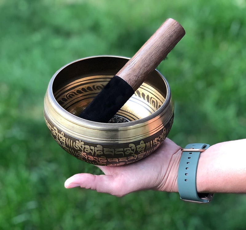 HIMALAYAN BAZAAR Large Tibetan Singing bowl Set - Bronze Style - Easy To Play - 5" Sound Yoga Bowl Mantra Design Mindfulness Meditation Healing Sound Gift By Himalayan Bazaar - Image 5