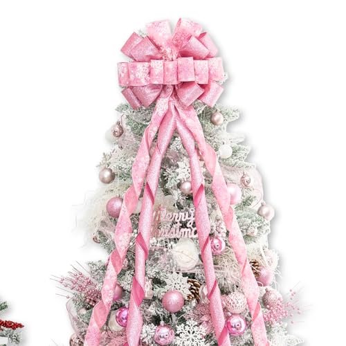 Hismir Christmas Tree Topper Bow53x13 Inches Large Christmas Bow with Glitter Streamer and Patterned RibbonDecorative Bows for Xmas Tree Wreath Door Festival Home DecorPink Snowflake - Image 1