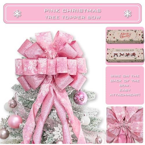Hismir Christmas Tree Topper Bow53x13 Inches Large Christmas Bow with Glitter Streamer and Patterned RibbonDecorative Bows for Xmas Tree Wreath Door Festival Home DecorPink Snowflake - Image 3