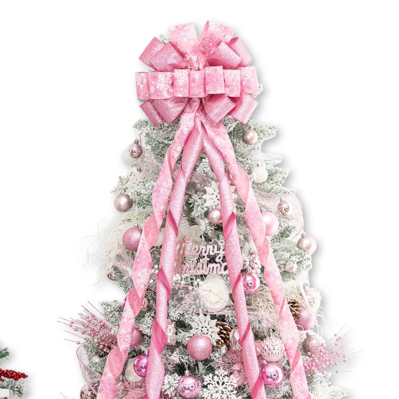 Hismir Christmas Tree Topper Bow53x13 Inches Large Christmas Bow with Glitter Streamer and Patterned RibbonDecorative Bows for Xmas Tree Wreath Door Festival Home DecorPink Snowflake - Image 2