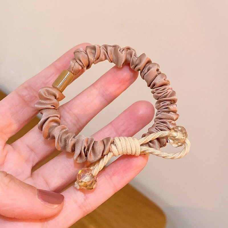 Generic New Handmade Knot Hair Ring Elegant Crystal Pony Tail Hair Rope Girls Cloth Ring Hair Rope Milk Tea Color Rubber Band Hair Accessories Milk Tea