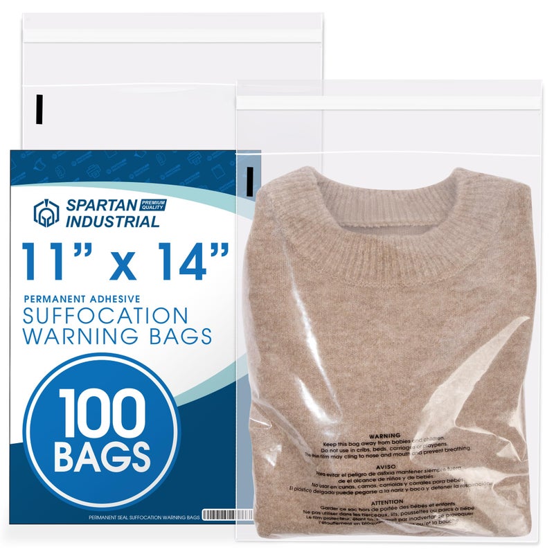 Spartan Industrial Spartan Industrial  11 X 14 100 Count Self Seal Clear Poly Bags with Suffocation Warning for Packaging T Shirts  Permanent Adhesive