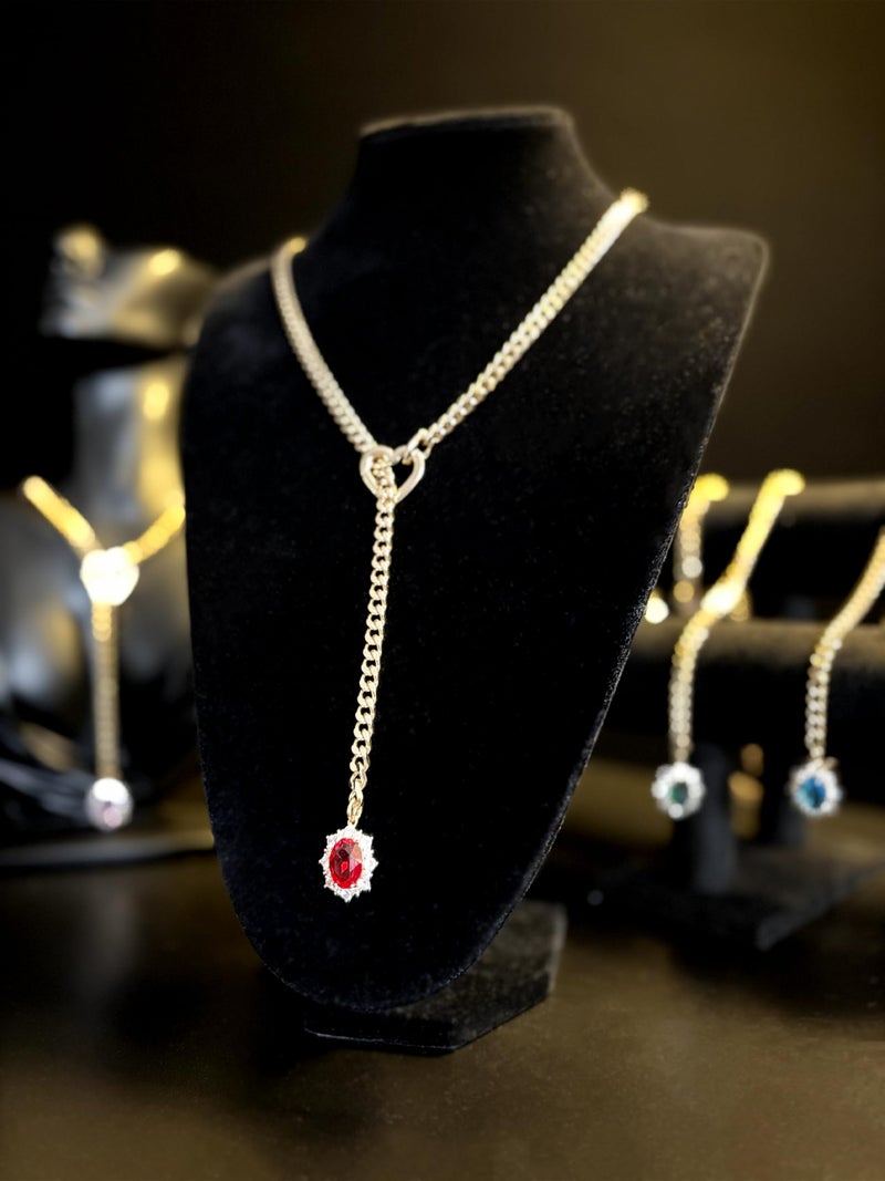 EverGlimp Women's Gold Heart O-Ring Necklace, Adjustable 25'' Cuban Chain with Detachable Heart Clasp and Colorful Rhinestone Pendant (Royal Red) - Image 3