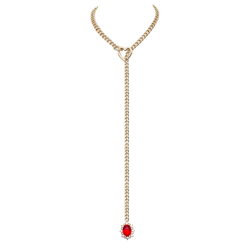 EverGlimp Women's Gold Heart O-Ring Necklace, Adjustable 25'' Cuban Chain with Detachable Heart Clasp and Colorful Rhinestone Pendant (Royal Red) - Image 1