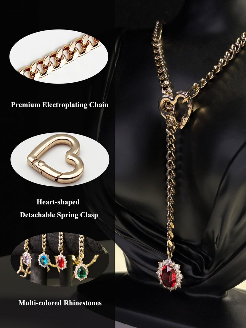EverGlimp Women's Gold Heart O-Ring Necklace, Adjustable 25'' Cuban Chain with Detachable Heart Clasp and Colorful Rhinestone Pendant (Royal Red) - Image 4