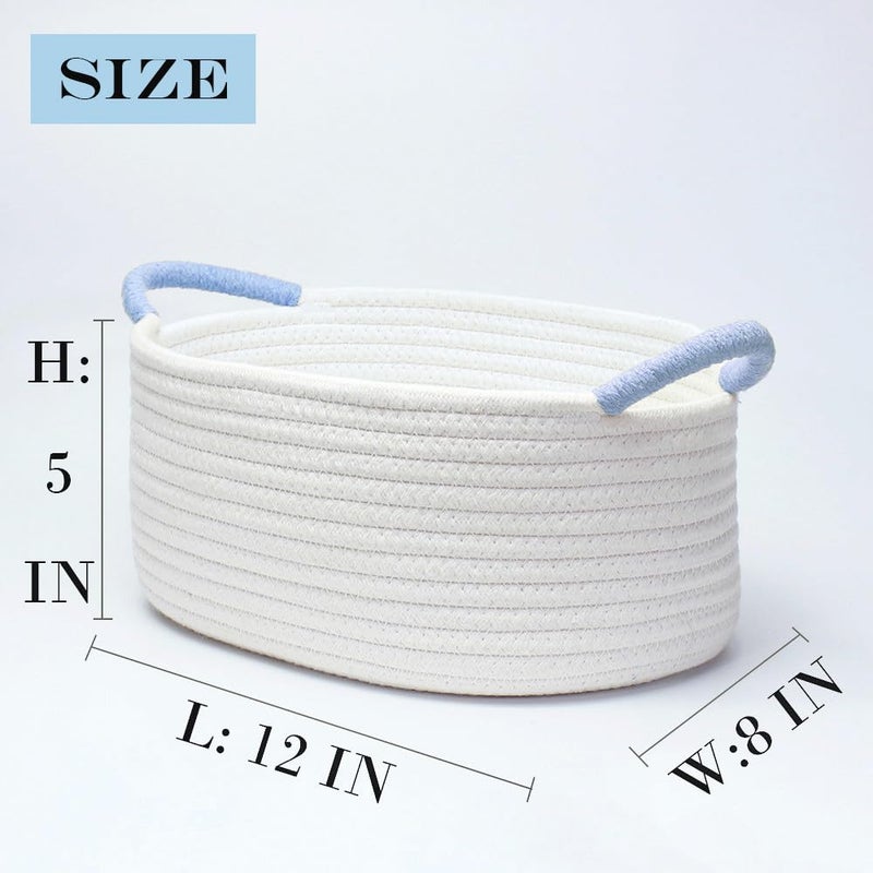Yimi's Dream Basket for Gifts, Small Cute Shelf Baskets for Babies, Wedding, Birthday, White Rope Baskets with Blue Handle for Home Decor(Oval, 12"x 8"x 5") - Image 4