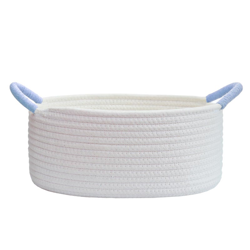 Yimi's Dream Basket for Gifts, Small Cute Shelf Baskets for Babies, Wedding, Birthday, White Rope Baskets with Blue Handle for Home Decor(Oval, 12"x 8"x 5") - Image 1