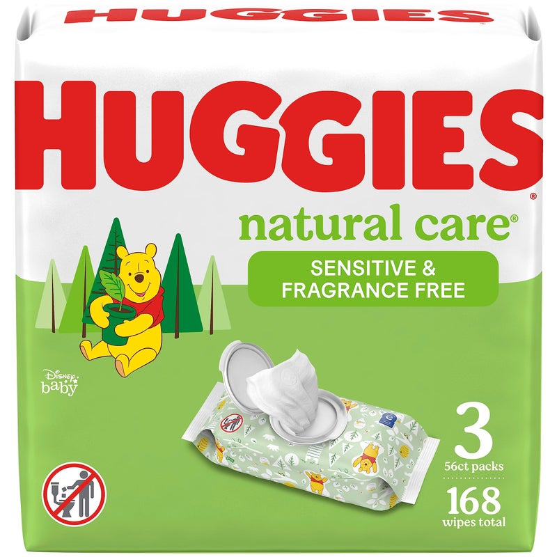 Huggies Natural Care Sensitive Baby Wipes, Unscented, Hypoallergenic, 99% Purified Water, 3 Flip-Top Packs (168 Wipes Total) - Image 1