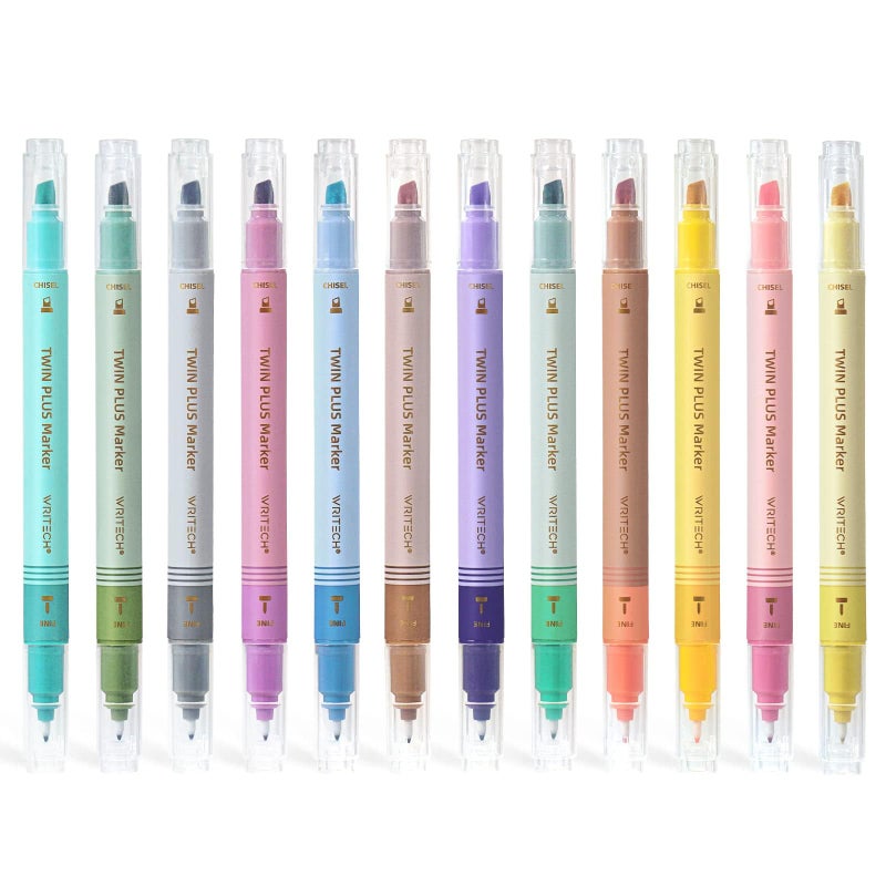 WRITECH Dual Tip Highlighter Markers: Aesthetic Fine & Chisel Tip Pastel Vintage Marker Multicolor Pens Pack No Bleed & Smear for Bible Highlighting Journaling, Assorted Colors 12ct - Image 1