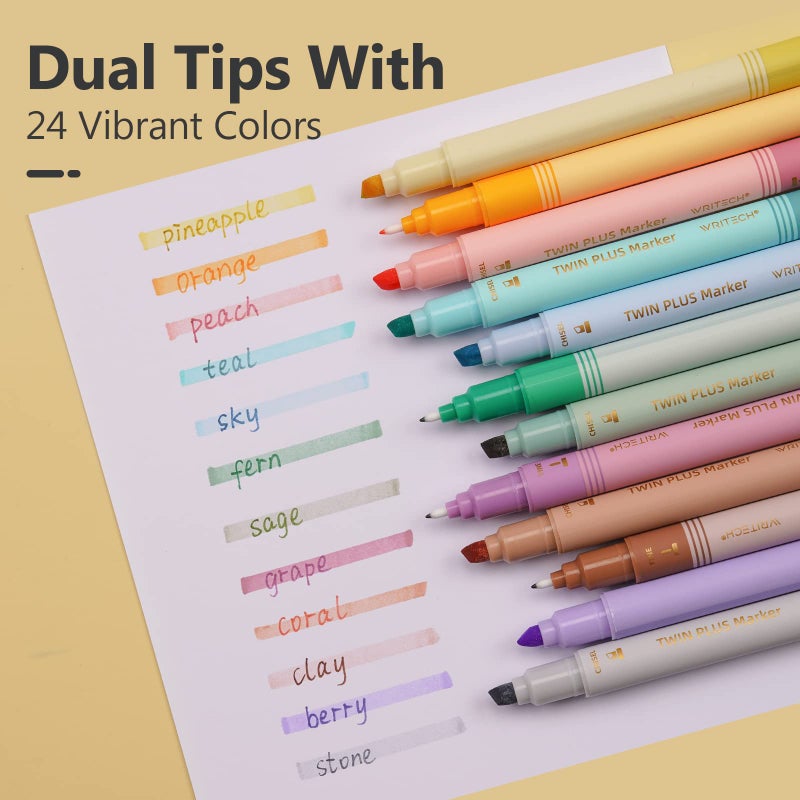WRITECH Dual Tip Highlighter Markers: Aesthetic Fine & Chisel Tip Pastel Vintage Marker Multicolor Pens Pack No Bleed & Smear for Bible Highlighting Journaling, Assorted Colors 12ct - Image 4
