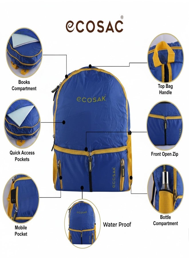 ECOSAC Foldable Backpack | Lightweight, Water-Resistant, Washable Travel Backpack | Compact Foldable School Bag, Hiking Backpack, Camping & Office Laptop Bag | Royal Blue - Image 5