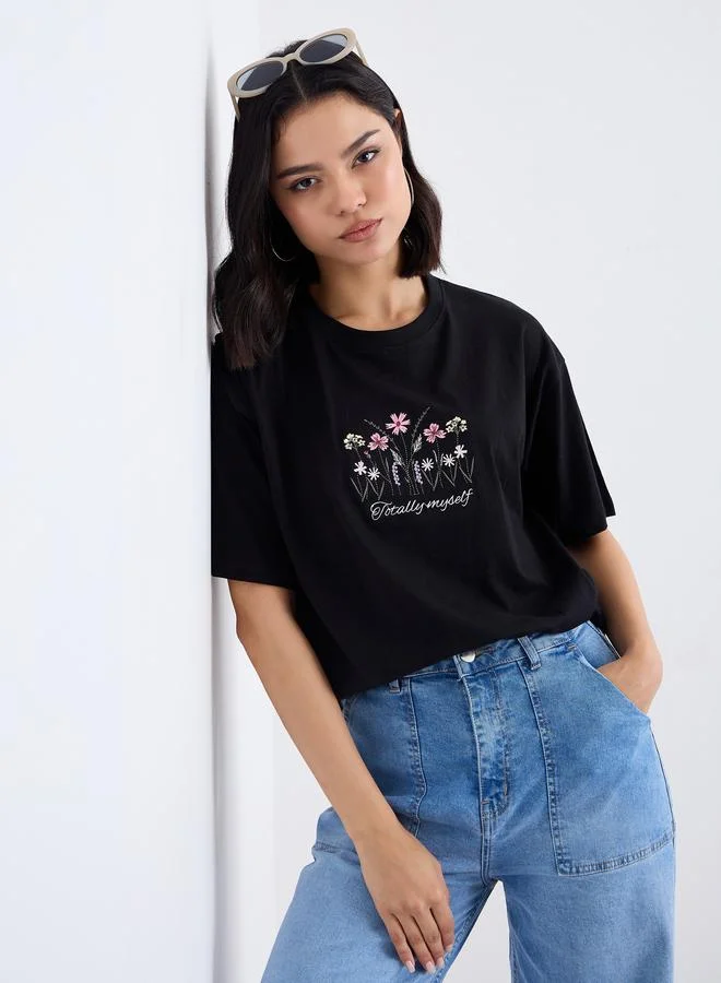 Styli Styli Women Black Embroidered Detail Oversized T-Shirt