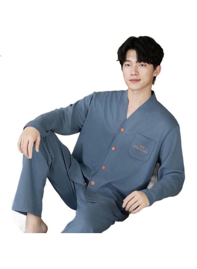 Fenton Fenteng Men'S Spring Cotton V-Neck Cardigan Solid Color Long Sleeve Home Wear Set Father'S Day Gift - Image 1