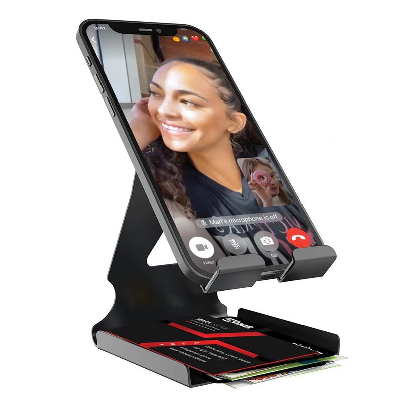 Amkette حامل هاتف معدني Ergo Desk 2 في 1، حامل متعدد الوظائف للطاولات للهواتف المحمولة والأجهزة اللوحية، حامل ألومنيوم مدمج وقابل للنقل مع وسادات سيليكون (أسود) - Image 1