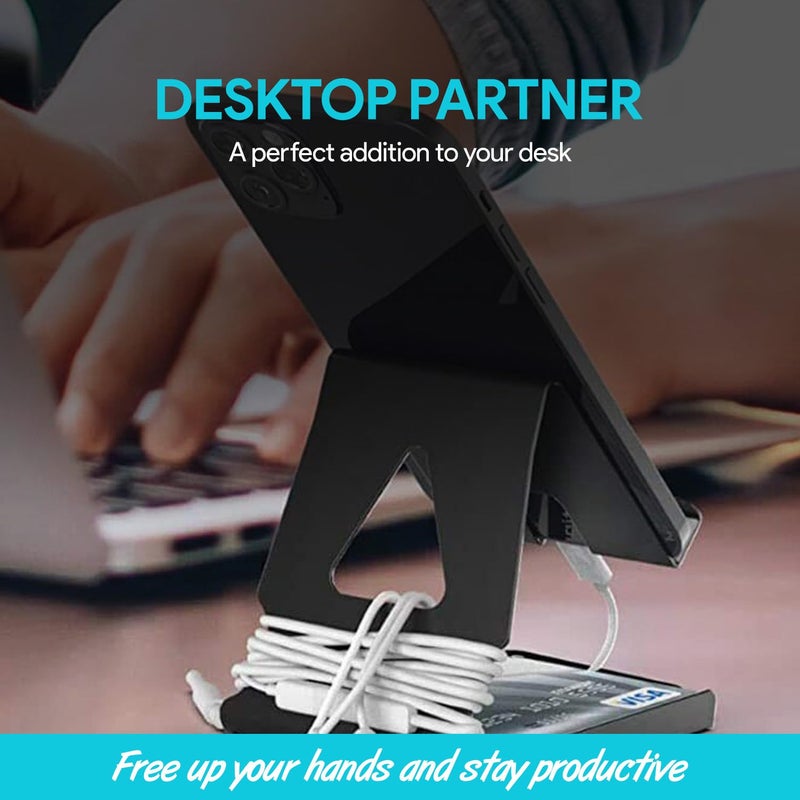 Amkette حامل هاتف معدني Ergo Desk 2 في 1، حامل متعدد الوظائف للطاولات للهواتف المحمولة والأجهزة اللوحية، حامل ألومنيوم مدمج وقابل للنقل مع وسادات سيليكون (أسود) - Image 2