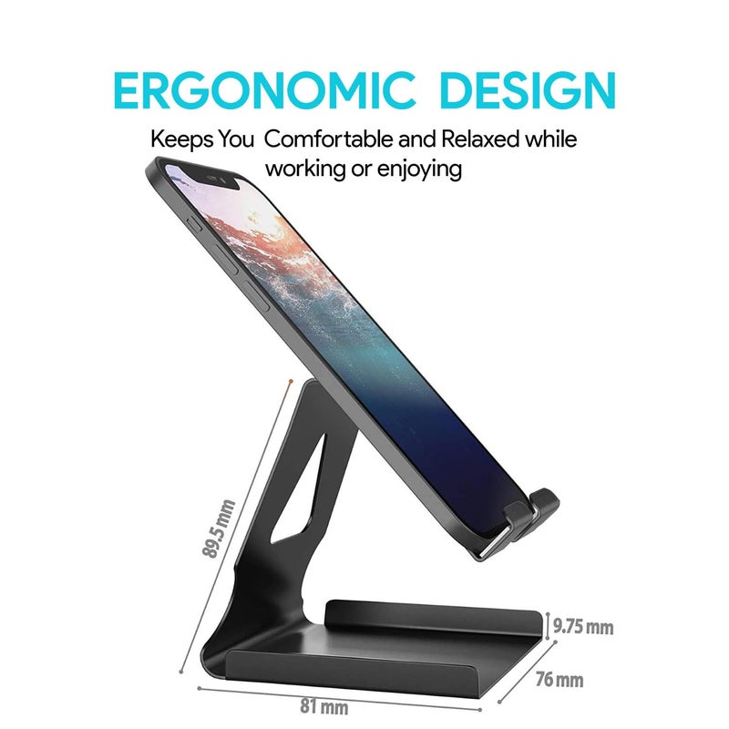 Amkette حامل هاتف معدني Ergo Desk 2 في 1، حامل متعدد الوظائف للطاولات للهواتف المحمولة والأجهزة اللوحية، حامل ألومنيوم مدمج وقابل للنقل مع وسادات سيليكون (أسود) - Image 3