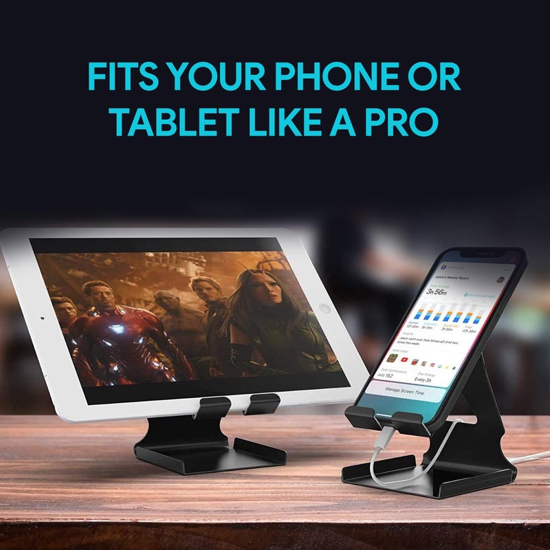 Amkette حامل هاتف معدني Ergo Desk 2 في 1، حامل متعدد الوظائف للطاولات للهواتف المحمولة والأجهزة اللوحية، حامل ألومنيوم مدمج وقابل للنقل مع وسادات سيليكون (أسود) - Image 4
