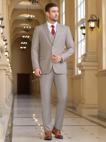Cooper & Nelson 3 Piece Mens Suit Set, 2 Button Slim Fit Suit for Men, Solid Jacket, Vest, Pants and Tie Beige XS - Image 4