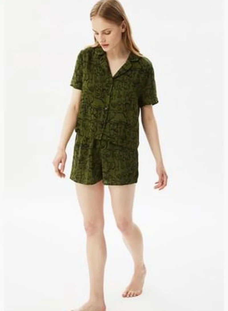 trendyol Green Animal Pattern Shirt-Shorts Viscose Woven Pajamas Set THMSS21PT0861