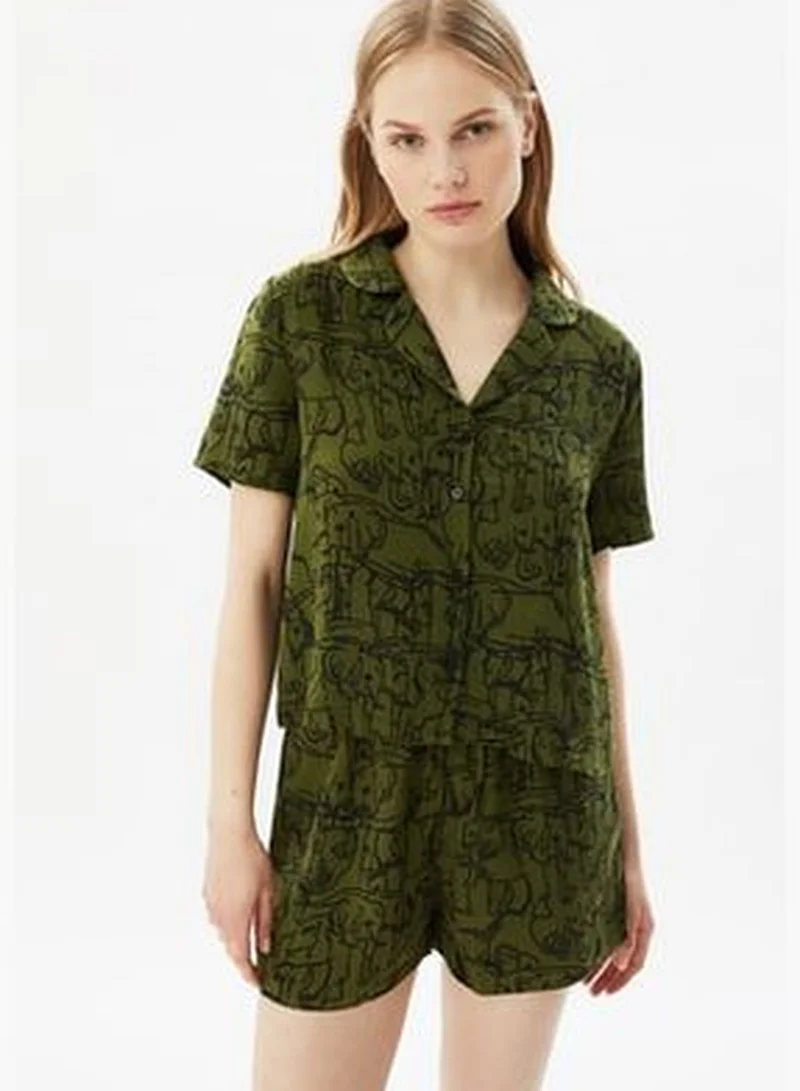 trendyol Green Animal Pattern Shirt-Shorts Viscose Woven Pajamas Set THMSS21PT0861